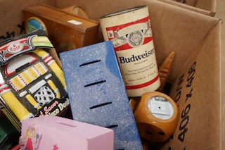 Three boxes of mixed, china wooden and metal novelty money boxes mostly from the 1960’s and later. Condition - variable